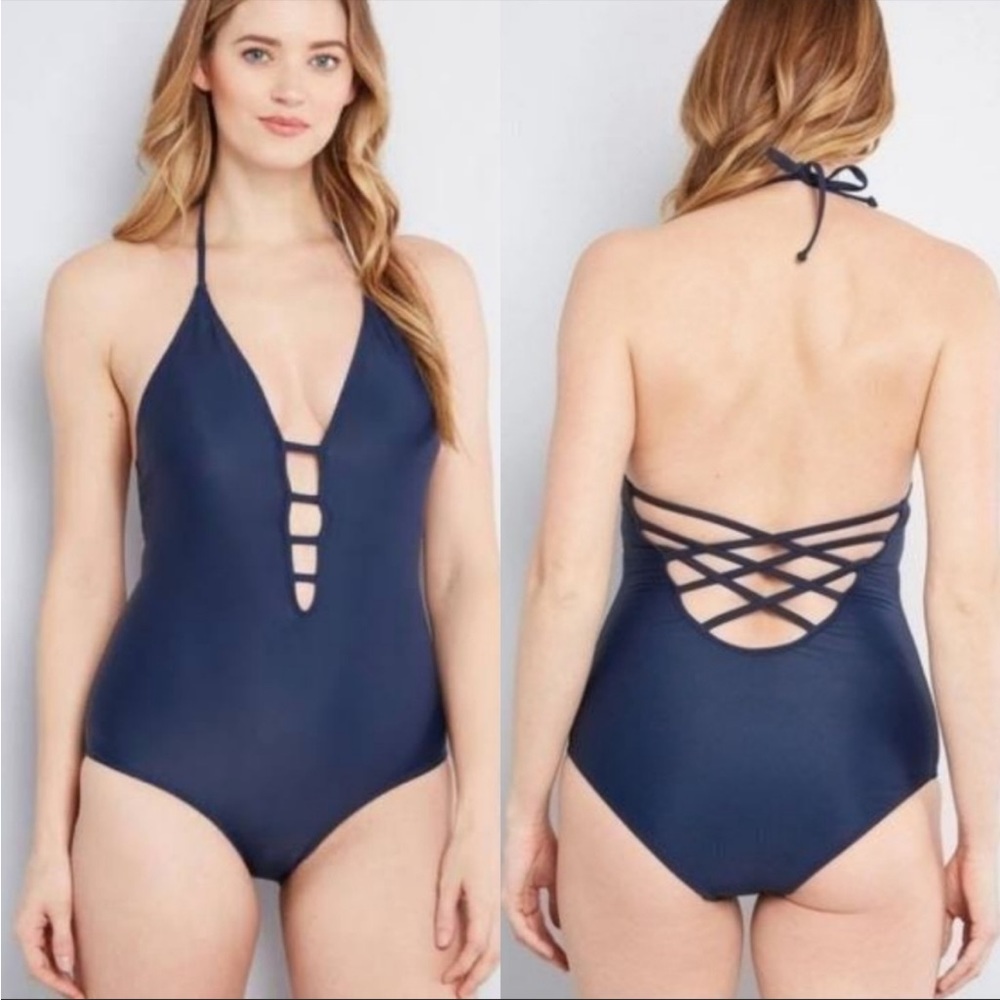 Modcloth Tereza blue strappy  halter tie one piece swimsuit size S